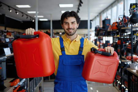 A man is holding two bright red gas cans in a workshopの写真素材
