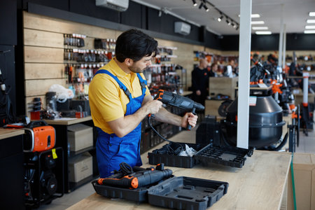 A man is working on a drill inside a retail storeの写真素材