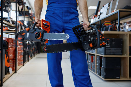 A man worker holding two chainsaws inside a storeの写真素材