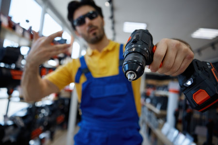 A man worker is firmly holding a drill in his hands inside a storeの写真素材