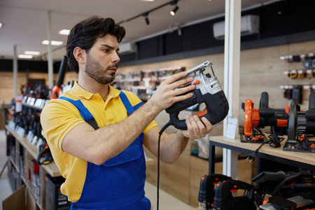 Man wearing overalls is holding a jigsaw tool in his handsの写真素材