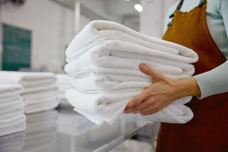 Closeup of a woman worker in an apron holds fresh towels in a laundromatの写真素材