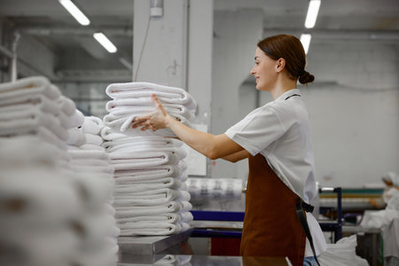 A woman worker is stacking towels neatly on a table in a laundromatの写真素材