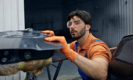 Technician worker skillfully restoring a car door in a busy garage workshop spaceの写真素材
