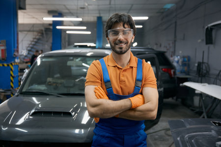 Smiling auto mechanic in garage workshop with car behindの写真素材