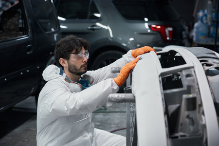 An automotive technician is repairing a car bumper in a workshop while wearing safety gearの写真素材