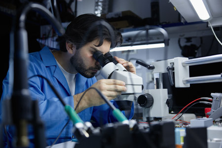 Technician working on circuit board under microscope in labの写真素材