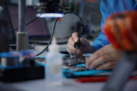 Electronics repair skilled technician engaged in detailed motherboard work for repairs and fixesの写真素材