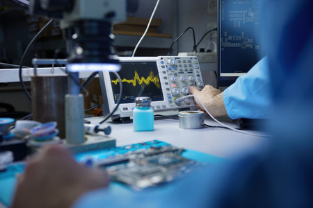 A technician is diligently working on a circuit board while utilizing a microscope for precision