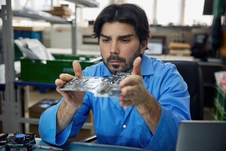 A man worker is wearing a blue shirt holding a motherboard in his handsの写真素材
