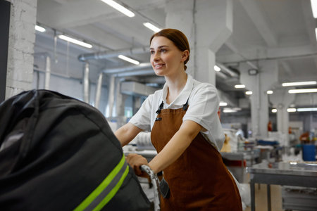 A woman worker is wearing an apron pushing a black bag forward
