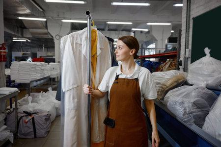 A woman worker in an apron holds a hanger with clothes, showing her role