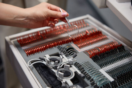 Color test preparation workspace,. Precise setup of lenses and filters for precise color vision