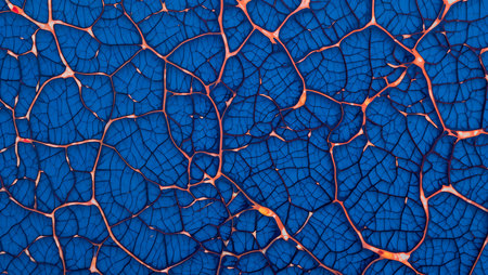 Abstract blue and orange background with cracks and holes. Close-up.の素材
