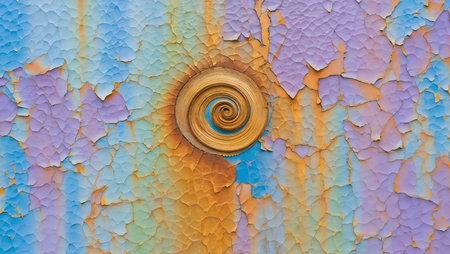 Wooden door handle on a blue and yellow painted wall with peeling paintの素材