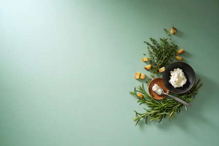 Cottage cheese with herbs and crackers on green background, top viewの素材