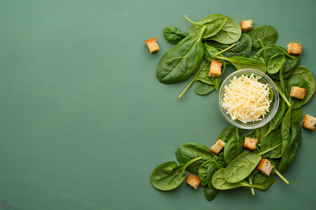 Fresh spinach leaves, cheese and croutons on green background. Top view with copy spaceの素材