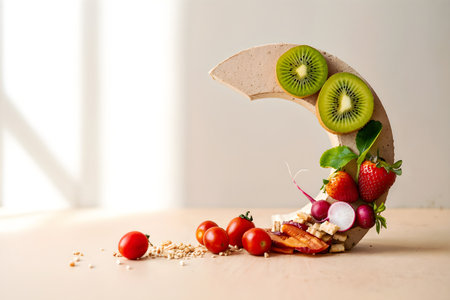 Healthy breakfast with fresh fruits and vegetables on light background. Healthy food concept.の素材