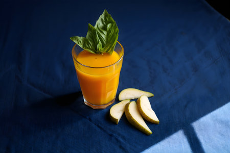 Glass of fresh mango smoothie with basil leaf on blue tableclothの素材