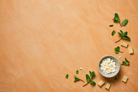 Cottage cheese in a bowl with mint leaves and crackers on a beige background.の素材