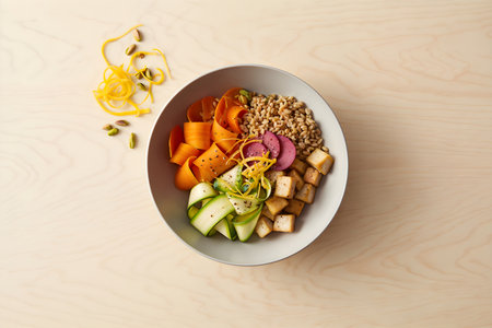 Bowl of healthy vegetable poke bowl with tofu, cucumber, radish, avocado and pumpkin seeds on wooden backgroundの素材