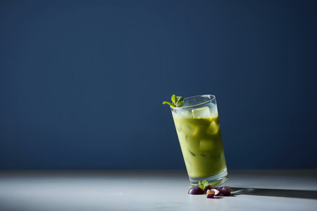Iced green tea with mint and cherry on dark blue background.の素材