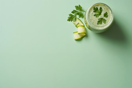 Glass of fresh cucumber smoothie on mint background, top viewの素材