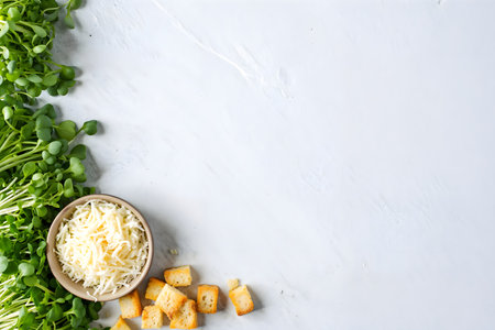 Fresh microgreen sprouts and croutons with grated cheese on a white background.の素材