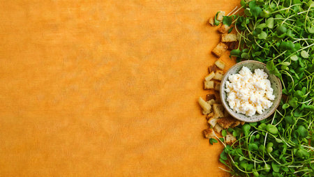 Crispy crackers with cottage cheese and microgreen sprouts on a yellow backgroundの素材