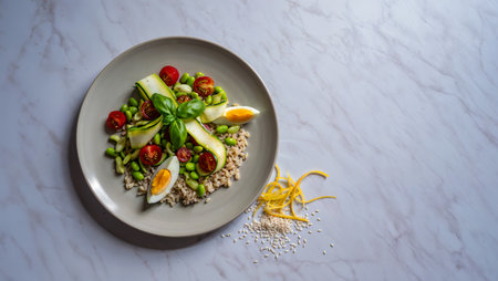 Healthy salad with quinoa, avocado, cherry tomatoes, egg and herbsの素材
