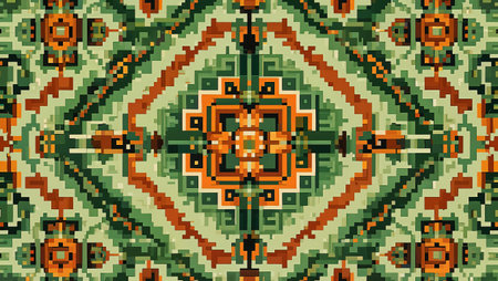 Seamless geometric pixelated pattern in green and orange colors.の素材