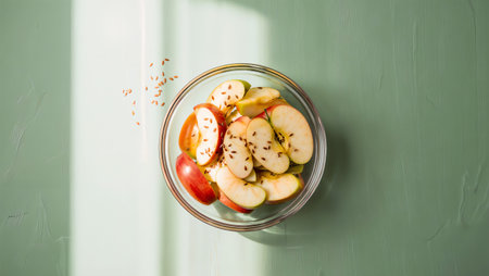 Healthy fruit salad with apples and pears in a glass bowlの素材