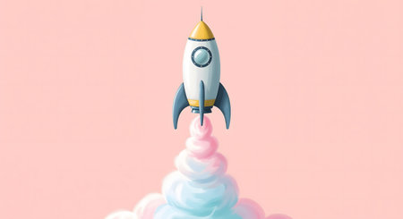 Rocket on a pink background. 3D illustration. 3D rendering.の素材