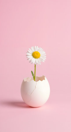 White daisy flower in eggshell on pink background. Minimal easter conceptの素材