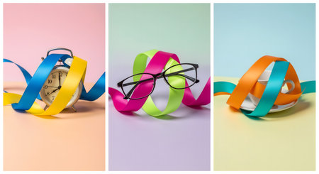 Collage of colorful ribbons and alarm clock on colorful background.の素材