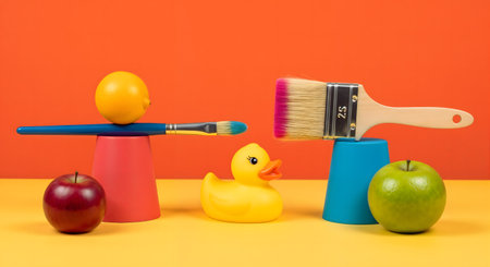 Paintbrush, apple and rubber duck on yellow and orange backgroundの素材