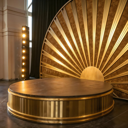Round gold podium in the interior of a hotel. 3D renderingの素材