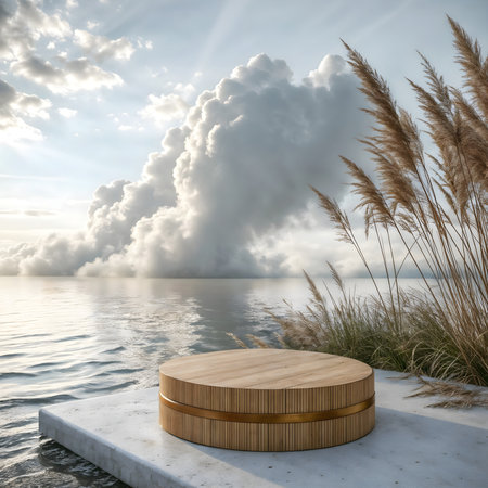 Wooden podium on the beach with pampas grass. 3d renderの素材