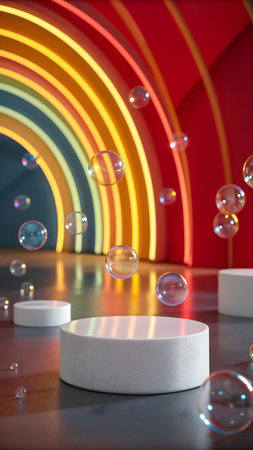 Podium with soap bubbles and rainbow background. 3d rendering.の素材