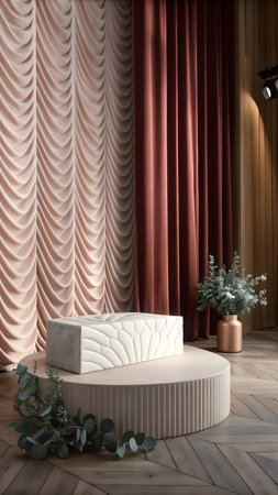 3d render of a modern interior with a podium, curtains and plantsの素材