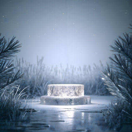 Winter scene with snow and ice cubes. Christmas and New Year background.の素材
