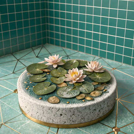 Cake with lotus flowers and leaves on green tile background.の素材