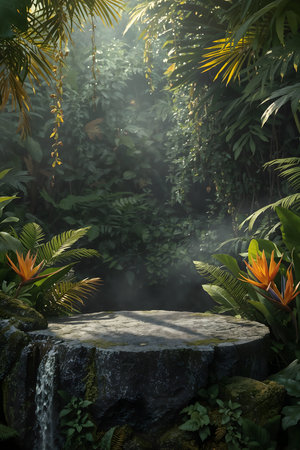 Empty podium in the tropical garden. Product presentation mockup. 3D renderingの素材