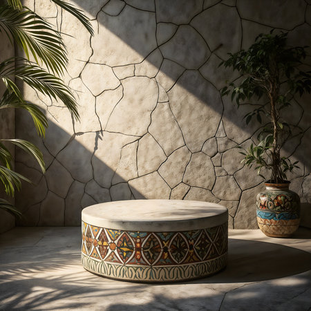 3D render of a round marble podium with a shadow of the wallの素材