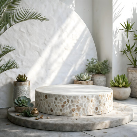 3d render of white marble podium with cacti and succulentsの素材