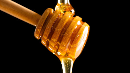 Honey dripping from a wooden honey dipper isolated on black backgroundの素材