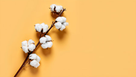 Cotton branch on a yellow background. Flat lay, top view.の素材