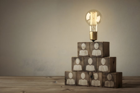 Group of people and light bulb on wooden cubes. Business concept.の素材