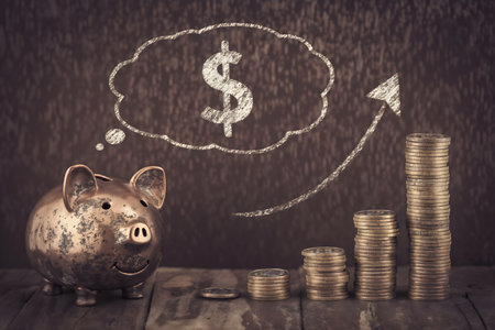 Piggy bank and coins on the wooden table with a chalk drawing of a business planの素材