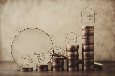 Investment concept, Coins graph stock market with filter effect retro vintage styleの素材